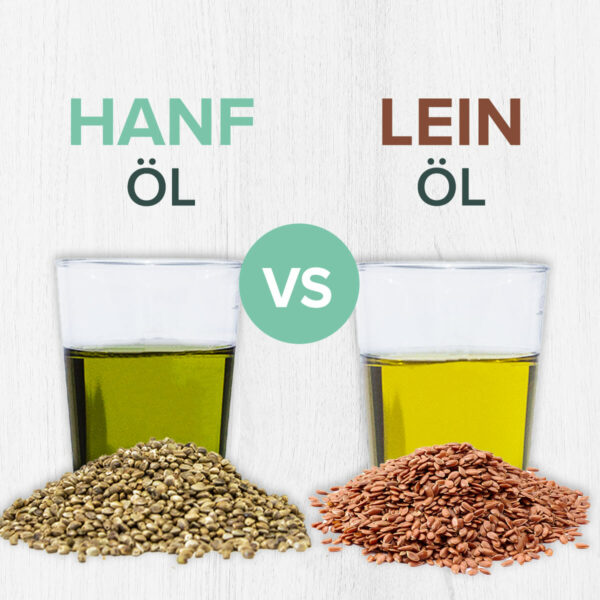 Hemp oil vs. linseed oil Text and jars with oil + seeds