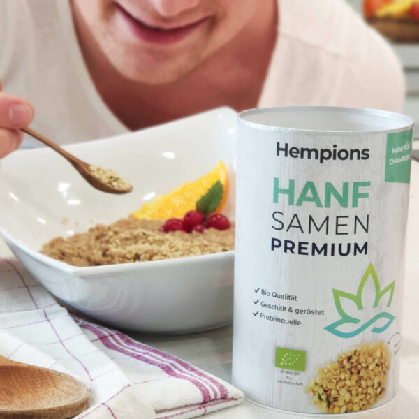 Hemp seeds premium pack and sprinkled on plate
